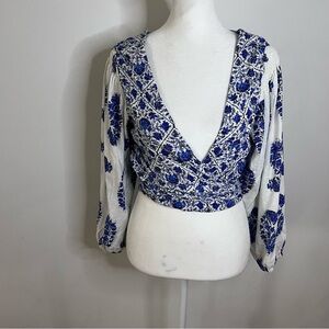 Nicole Miller Artelier Floral Print Linen Blend Puff Sleeve Cropped Wrap Top